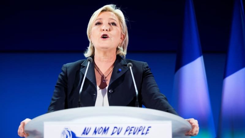 The presidential candidate of Front National, Marine Le Pen, addresses her followers after the first round of the election. Kay Nietfeld/dpa